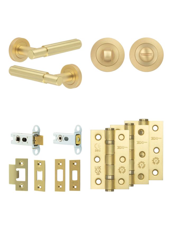 Complete Bloom Door Handle Pack - Heavy Duty Tubular Bathroom (Standard Thumb Turn) - Satin Brass - 64mm / 3-inch Hinges - JE-B30B3-SB