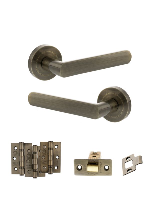 STATUS Carolina Door Handle Pack (Latch Set - 2.5" CE Latch, 3" Fire Rated Hinges x3) - Antique Brass