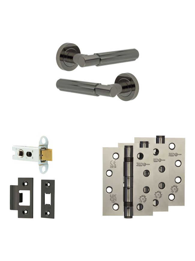 Complete Bloom Door Handle Pack - Heavy Duty Latch - Black Nickel - 64mm / 4-inch Hinges - JE-B20A-BN
