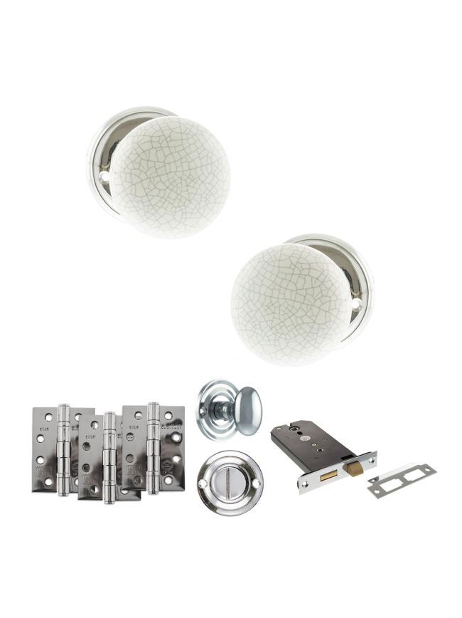 Old English Skipton Door Knob Pack (Lock Set - Horizontal Bathlock, 4" Fire Rated Hinges x3) - Polished Chrome