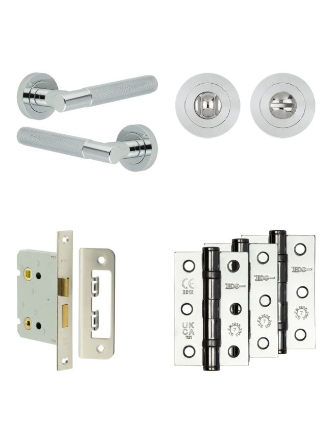 Complete Bari Door Handle Pack - Bathroom Lock (Standard Thumb Turn) - Polished Chrome - 76mm / 3-inch Hinges - JE-D6B3-PC