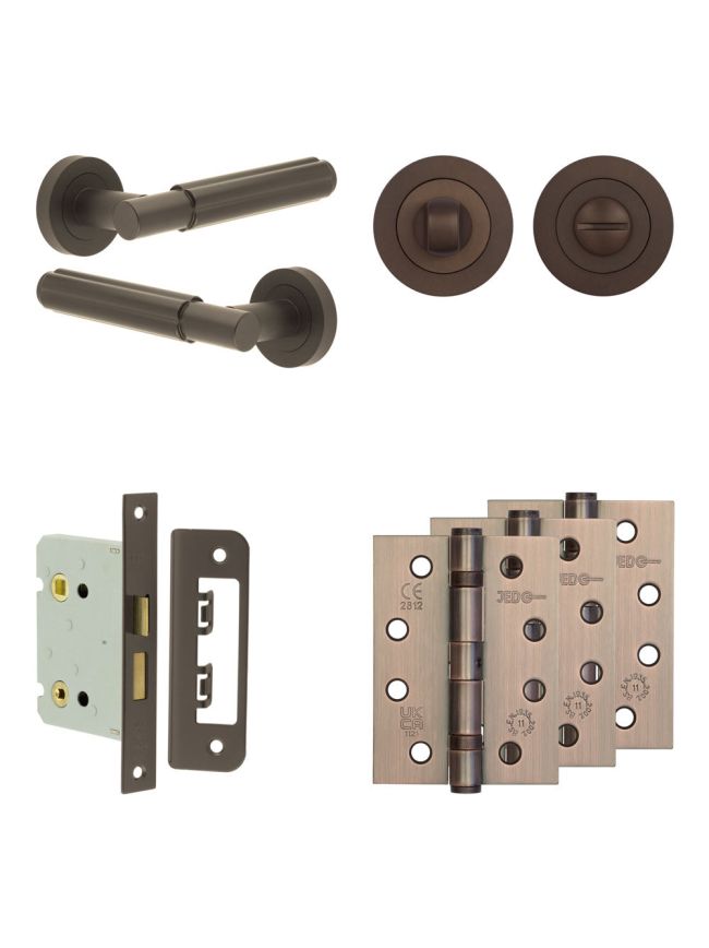 Complete Bloom Door Handle Pack - Bathroom Lock (Standard Thumb Turn) - Dark Bronze - 76mm / 4-inch Hinges - JE-B6A3-DB
