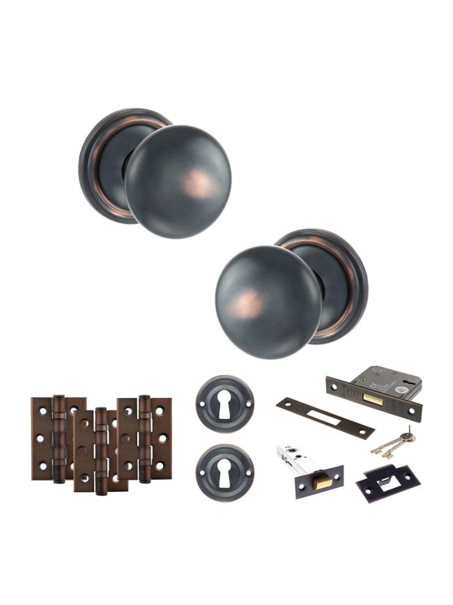 Old English Harrogate Door Knob Pack (Lock Set - 3" Latch & Deadlock, 3" Fire Rated Hinges x3) - Antique Copper