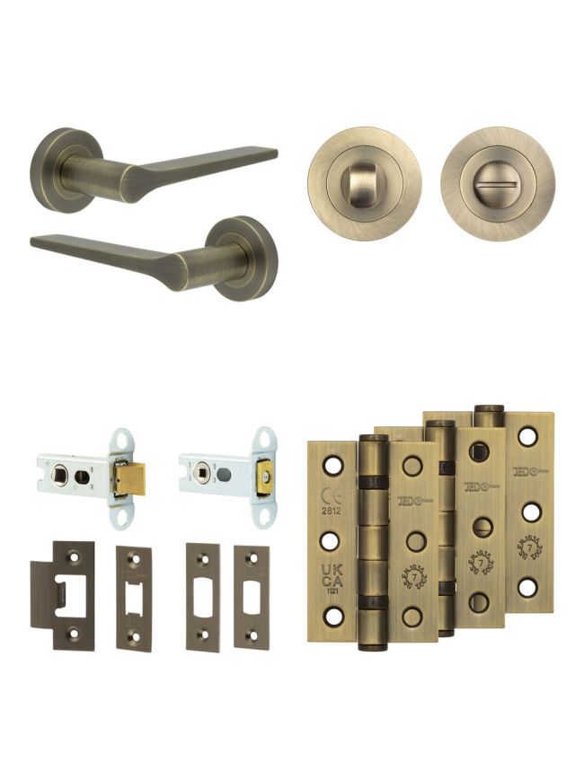 Complete Gio Door Handle Pack - Heavy Duty Tubular Bathroom (Standard Thumb Turn) - Antique Brass - 64mm / 3-inch Hinges - JE-E30B3-AB