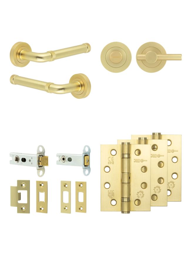 Complete Midtown Door Handle Pack - Heavy Duty Tubular Bathroom (Plain Thumb Turn) - Satin Brass - 76mm / 4-inch Hinges - JE-G31A2-SB