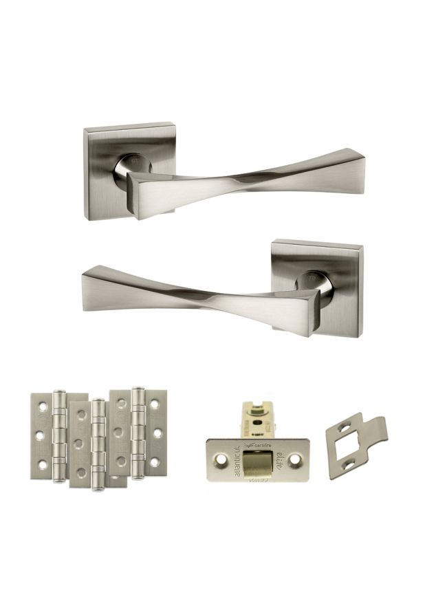 Senza Pari Guido Door Handle Pack (Latch Set - 2.5" CE Latch, 3" Fire Rated Hinges x3) - Satin Nickel