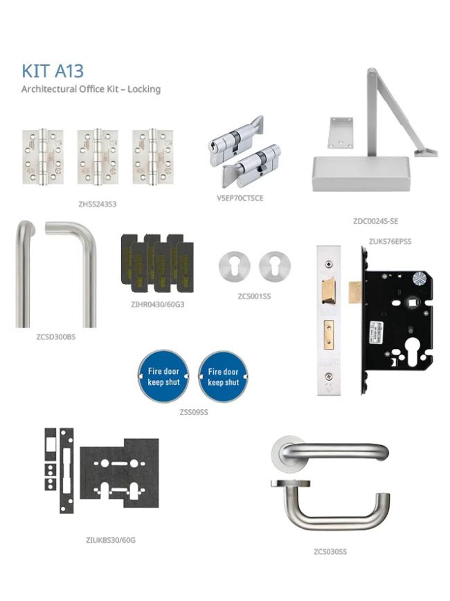 Zoo Hardware Fire Door Pack - FDP-A13-30/60 - Office Kit – Locking - Architectural Version - Inc ZDC0024S - Stainless Steel