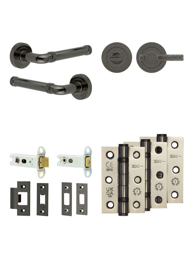 Complete Midtown Door Handle Pack - Heavy Duty Tubular Bathroom (Knurled Thumb Turn) - Black Nickel - 76mm / 3-inch Hinges - JE-G31B1-BN
