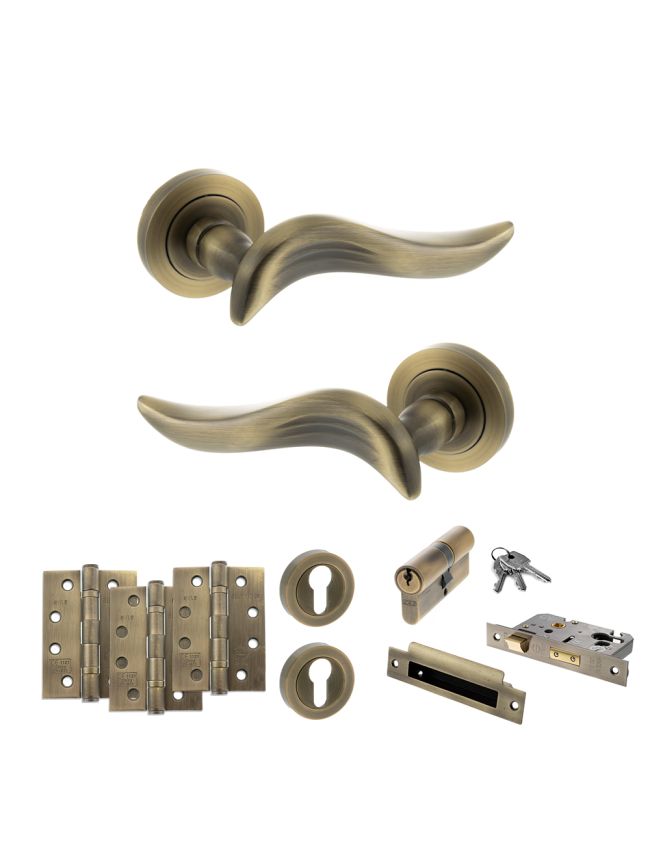 Old English Oxford Door Handle Pack (Euro Lock Set - 3" CE Sashlock, 4" Fire Rated Hinges x3) - Matt Antique Brass