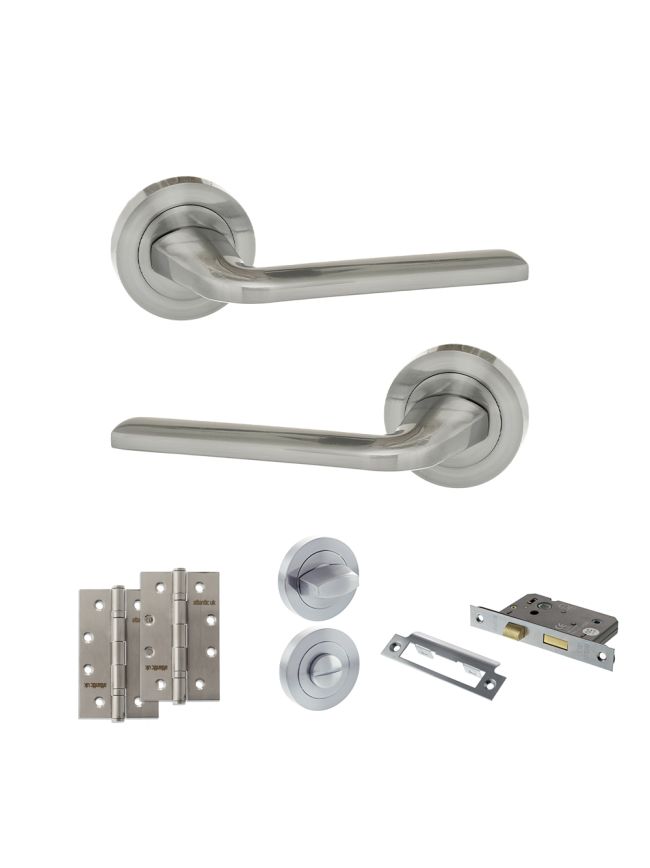 Eco Surf Door Handle Pack (Bathroom Set - 2.5" CE Bathroom Lock, 4" Slim Knuckle Hinges x2) - Satin Chrome
