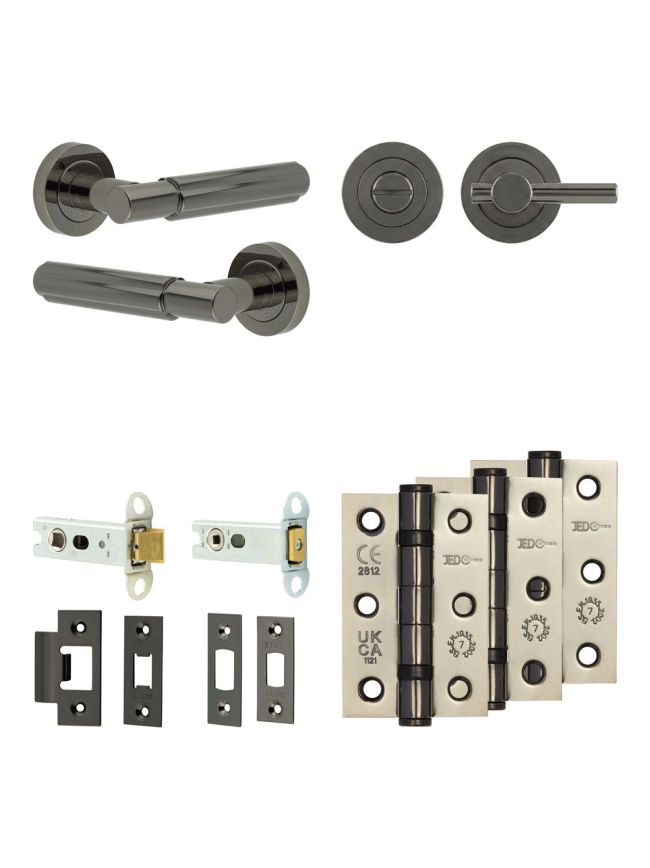 Complete Bloom Door Handle Pack - Heavy Duty Tubular Bathroom (Plain Thumb Turn) - Black Nickel - 76mm / 3-inch Hinges - JE-B31B2-BN
