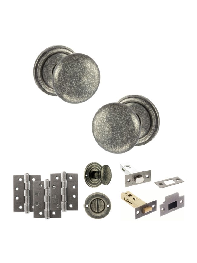Old English Harrogate Door Knob Pack (Bathroom Set - 3" Deadbolt, 4" Fire Rated Hinges x3) - Distressed Silver