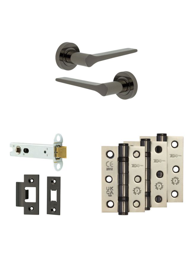 Complete Gio Door Handle Pack - Heavy Duty Latch - Black Nickel - 102mm / 3-inch Hinges - JE-E22B-BN