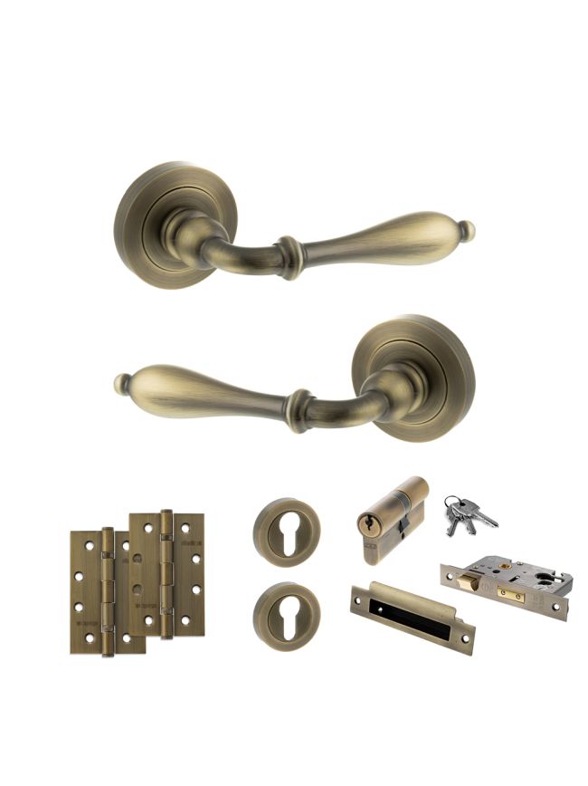 Old English Wrexham Door Handle Pack (Euro Lock Set - 3" CE Sashlock, 4" Slim Knuckle Hinges x2) - Matt Antique Brass