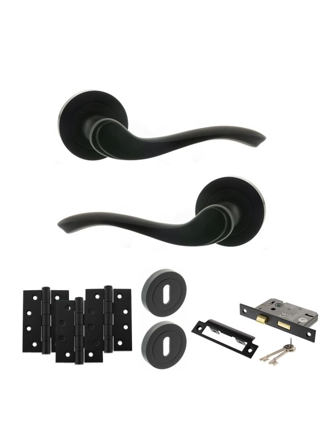 Old English Warwick Door Handle Pack (3 Lever Lock Set - 2.5" CE Sashlock, 4" Fire Rated Hinges x3) - Matt Black