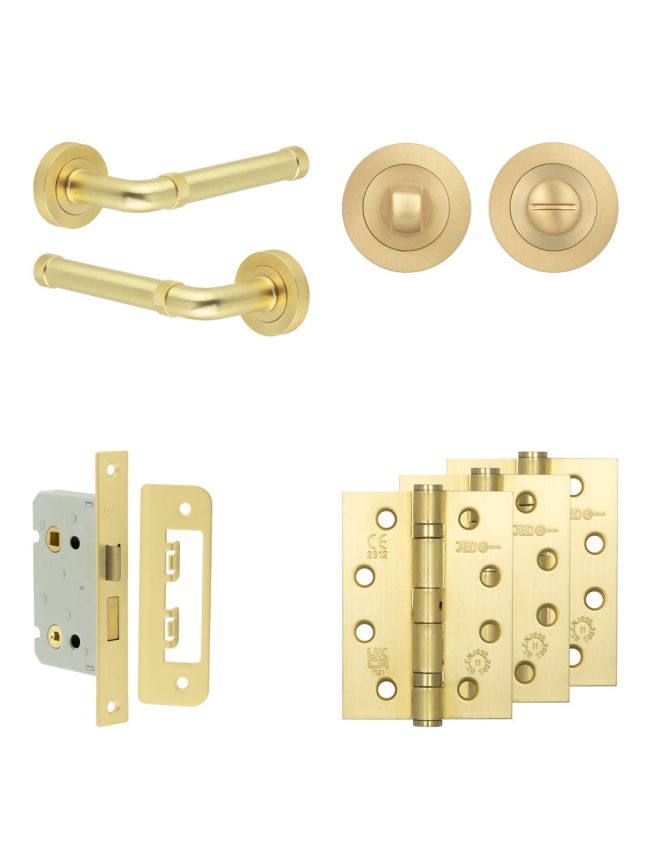 Complete Midtown Door Handle Pack - Bathroom Lock (Standard Thumb Turn) - Satin Brass - 65mm / 4-inch Hinges - JE-G5A3-SB