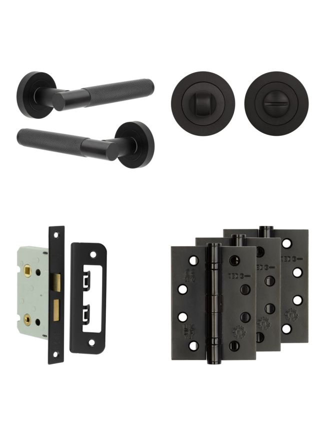 Complete Bari Door Handle Pack - Bathroom Lock (Standard Thumb Turn) - Matt Black - 65mm / 4-inch Hinges - JE-D5A3-MB