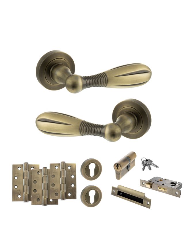 Old English Cambridge Door Handle Pack (Euro Lock Set - 3" CE Sashlock, 4" Fire Rated Hinges x3) - Matt Antique Brass