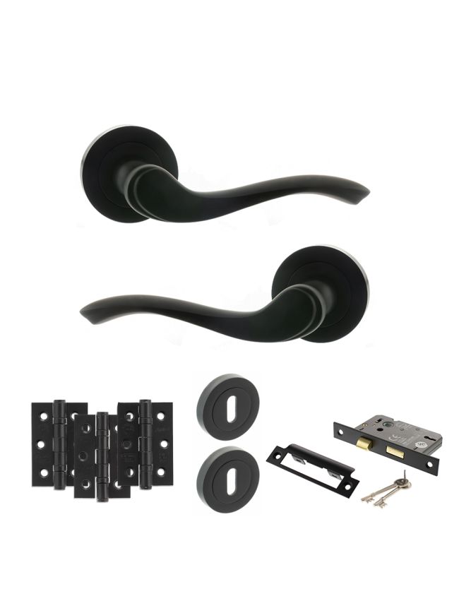 Old English Warwick Door Handle Pack (3 Lever Lock Set - 2.5" CE Sashlock, 3" Fire Rated Hinges x3) - Matt Black