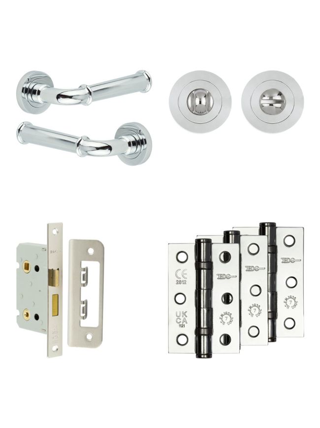Complete Classic Door Handle Pack - Bathroom Lock (Standard Thumb Turn) - Polished Chrome - 65mm / 3-inch Hinges - JE-A5B3-PC