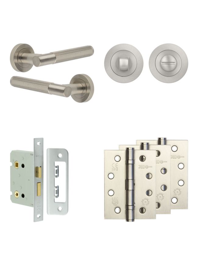 Complete Bari Door Handle Pack - Bathroom Lock (Standard Thumb Turn) - Satin Nickel - 76mm / 4-inch Hinges - JE-D6A3-SN