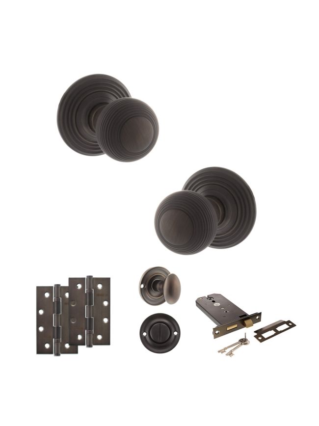 Old English Ripon Door Knob Pack (Lock Set - Horizontal Bathlock, 4" Slim Knuckle Hinges x2) - Urban Dark Bronze