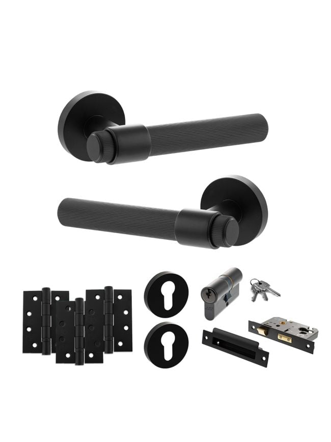 Senza Pari Fasana Door Handle Pack (Euro Lock Set - 2.5" CE Sashlock, 4" Fire Rated Hinges x3) - Matt Black