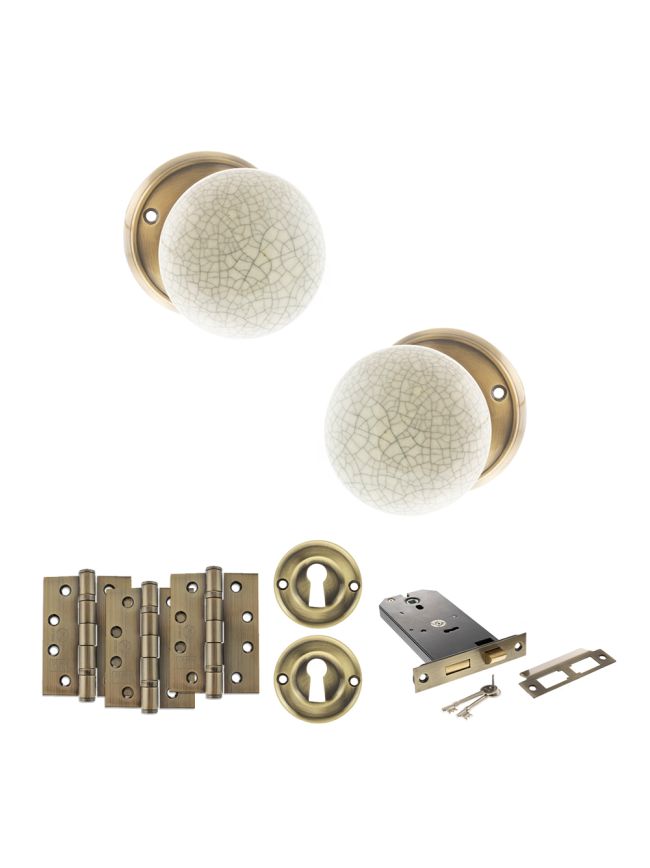 Old English Skipton Door Knob Pack (Lock Set - Horizontal Sashlock, 4" Fire Rated Hinges x3) - Antique Brass