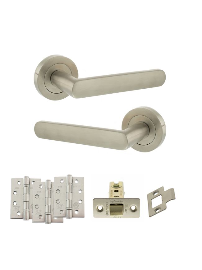 STATUS Carolina Door Handle Pack (Latch Set - 2.5" CE Latch, 4" Fire Rated Hinges x3) - Satin Nickel