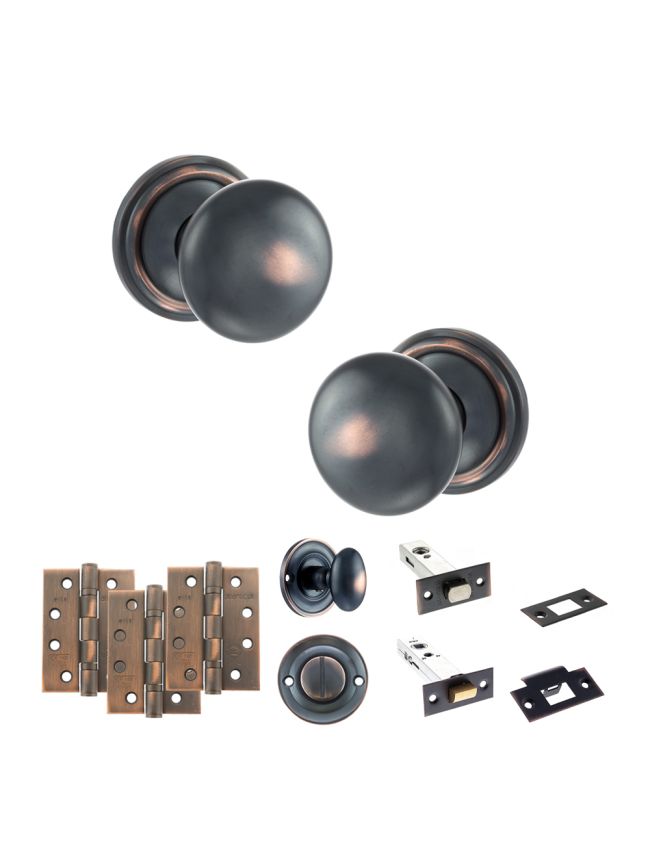 Old English Harrogate Door Knob Pack (Bathroom Set - 4" Deadbolt, 4" Fire Rated Hinges x3) - Antique Copper