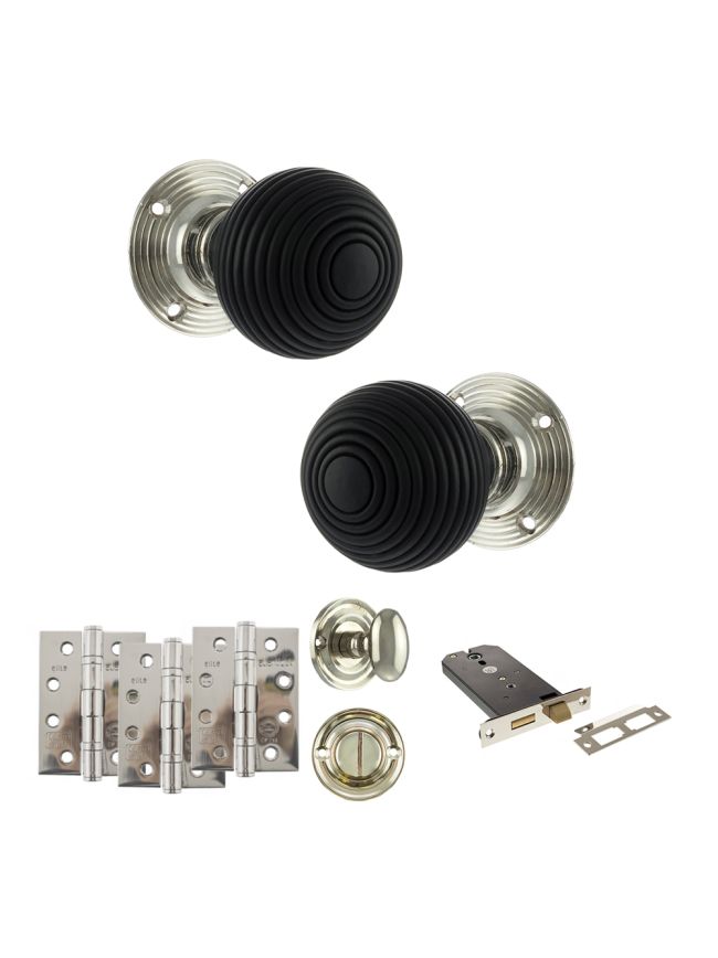 Old English Whitby Door Knob Pack (Lock Set - Horizontal Bathlock, 4" Fire Rated Hinges x3) - Polished Nickel