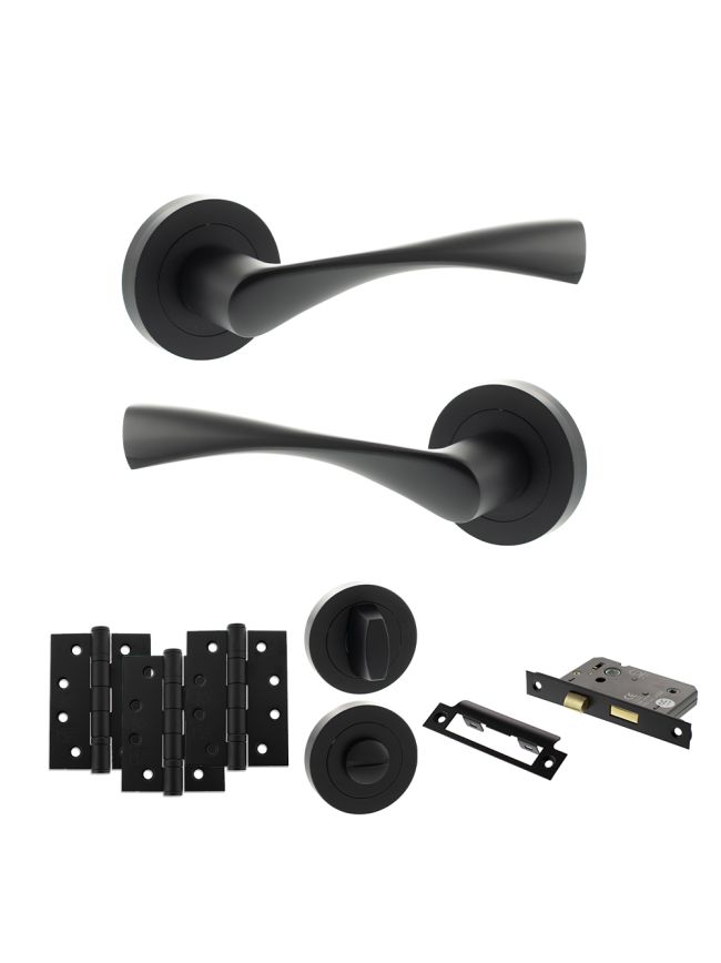 Eco Aqua Door Handle Pack (Bathroom Set - 3" CE Bathroom Lock, 4" Fire Rated Hinges x3) - Matt Black