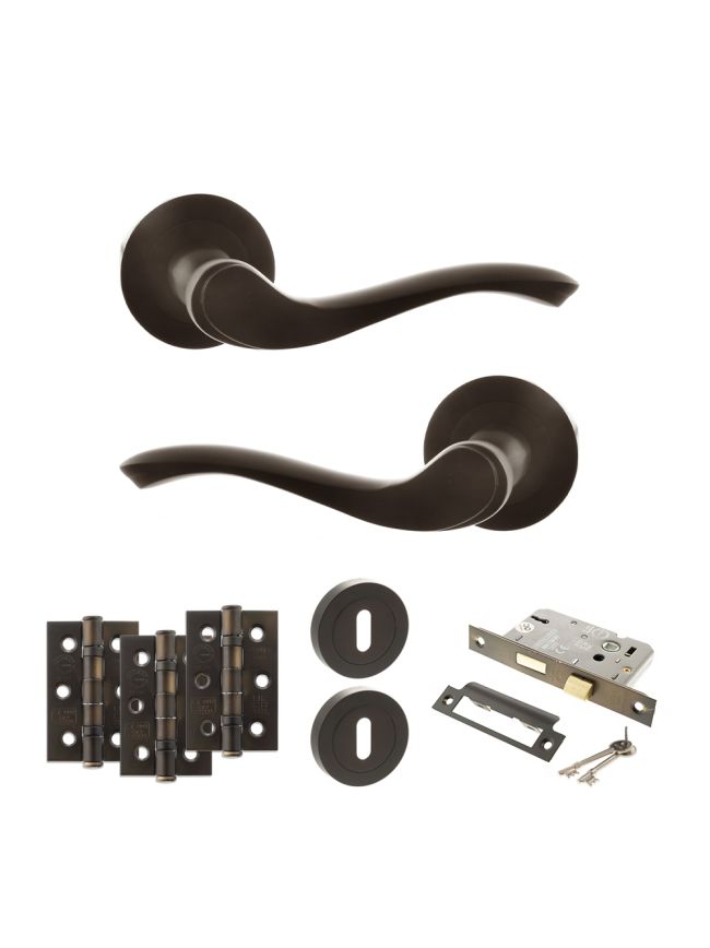 Old English Warwick Door Handle Pack (3 Lever Lock Set - 2.5" CE Sashlock, 3" Fire Rated Hinges x3) - Urban Dark Bronze