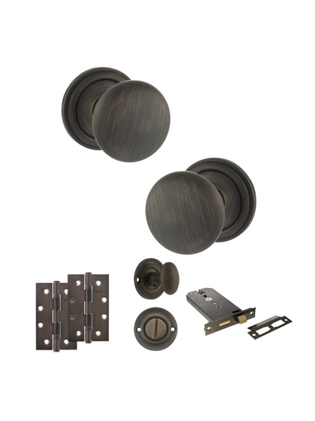 Old English Harrogate Door Knob Pack (Lock Set - Horizontal Bathlock, 4" Slim Knuckle Hinges x2) - Urban Bronze