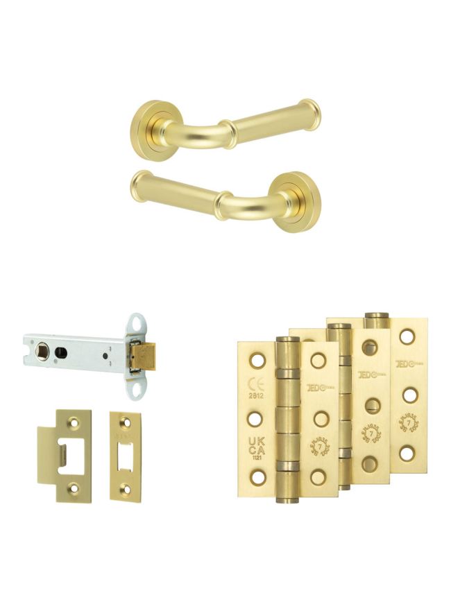 Complete Classic Door Handle Pack - Heavy Duty Latch - Satin Brass - 102mm / 3-inch Hinges - JE-A22B-SB
