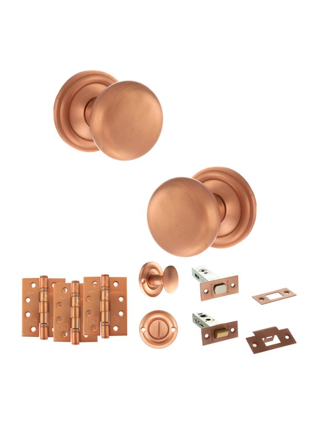Old English Harrogate Door Knob Pack (Bathroom Set - 3" Deadbolt, 4" Fire Rated Hinges x3) - Urban Satin Copper