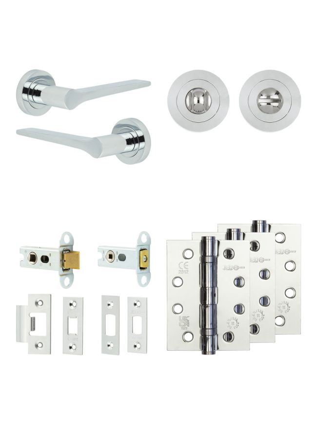 Complete Gio Door Handle Pack - Heavy Duty Tubular Bathroom (Standard Thumb Turn) - Polished Chrome - 64mm / 4-inch Hinges - JE-E30A3-PC