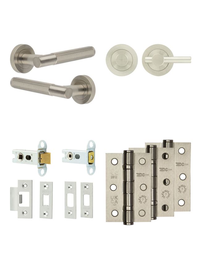 Complete Bari Door Handle Pack - Heavy Duty Tubular Bathroom (Plain Thumb Turn) - Satin Nickel - 64mm / 3-inch Hinges - JE-D30B2-SN