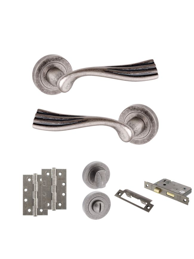 Old English Richmond Door Handle Pack (Bathroom Set - 3" CE Bathroom Lock, 4" Slim Knuckle Hinges x2) - Distressed Silver