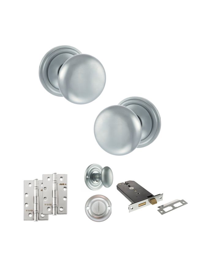 Old English Harrogate Door Knob Pack (Lock Set - Horizontal Bathlock, 4" Slim Knuckle Hinges x2) - Satin Chrome