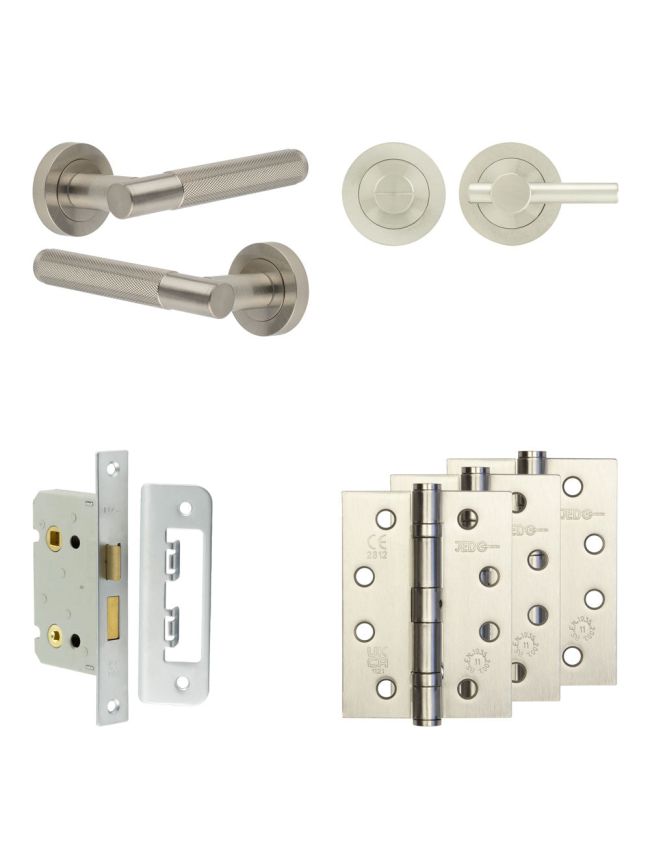 Complete Bari Door Handle Pack - Bathroom Lock (Plain Thumb Turn) - Satin Nickel - 65mm / 4-inch Hinges - JE-D5A2-SN