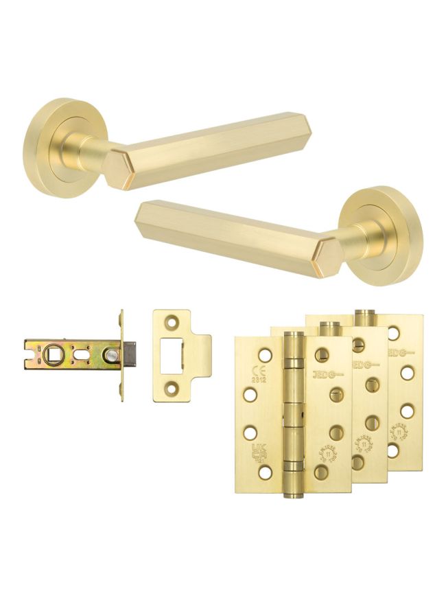 Complete Hex Door Handle Pack - Internal Doors - Satin Brass - 64mm / 4-inch Hinges - JE-C1A-SB