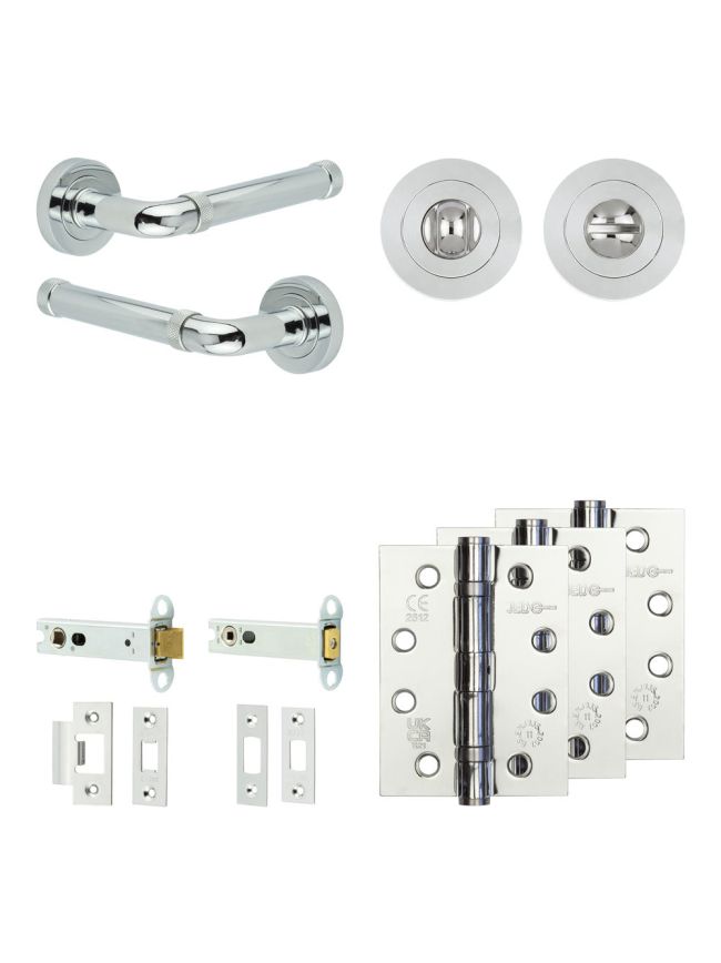 Complete Midtown Door Handle Pack - Heavy Duty Tubular Bathroom (Standard Thumb Turn) - Polished Chrome - 102mm / 4-inch Hinges - JE-G32A3-PC