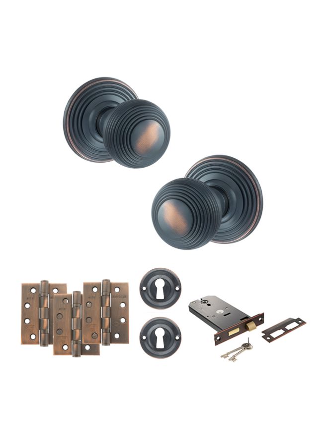 Old English Ripon Door Knob Pack (Lock Set - Horizontal Sashlock, 4" Fire Rated Hinges x3) - Antique Copper