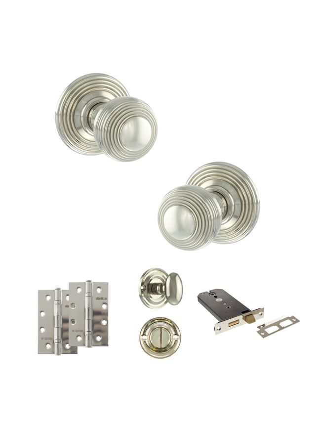 Old English Ripon Door Knob Pack (Lock Set - Horizontal Bathlock, 4" Slim Knuckle Hinges x2) - Polished Nickel