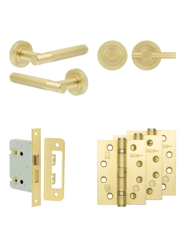Complete Venice Door Handle Pack - Bathroom Lock (Plain Thumb Turn) - Satin Brass - 76mm / 4-inch Hinges - JE-F6A2-SB