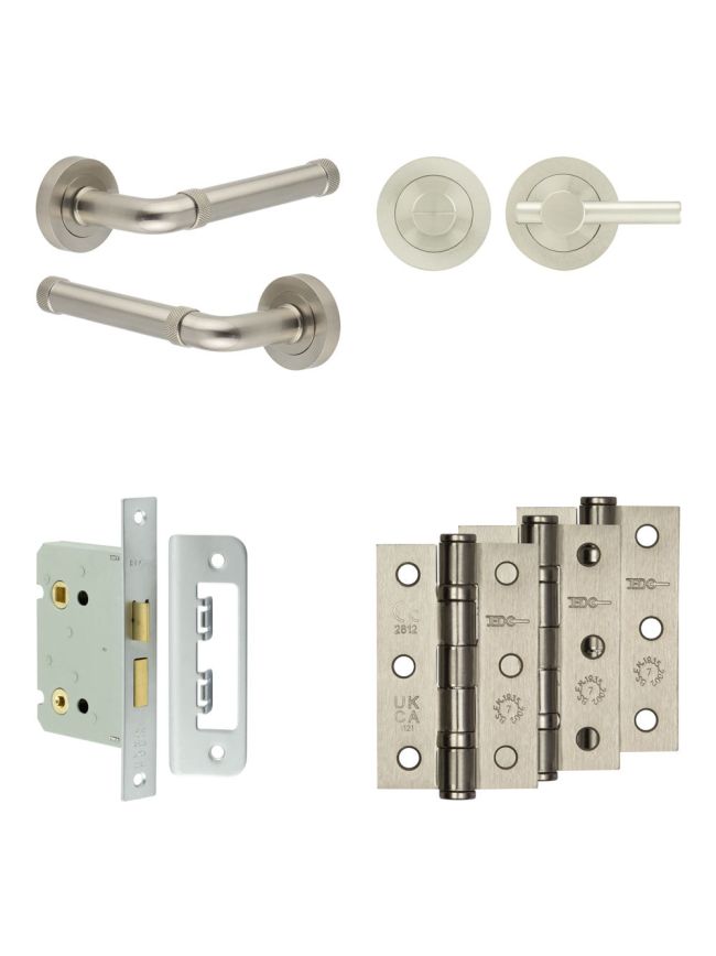 Complete Midtown Door Handle Pack - Bathroom Lock (Plain Thumb Turn) - Satin Nickel - 76mm / 3-inch Hinges - JE-G6B2-SN