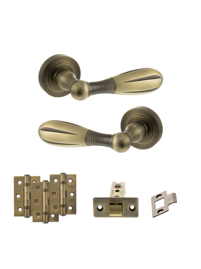 Old English Cambridge Door Handle Pack (Latch Set - 2.5" CE Latch, 3" Fire Rated Hinges x3) - Matt Antique Brass