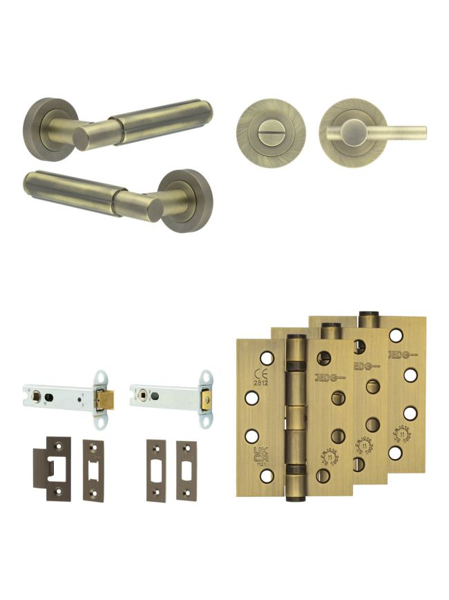 Complete Bloom Door Handle Pack - Heavy Duty Tubular Bathroom (Plain Thumb Turn) - Antique Brass - 102mm / 4-inch Hinges - JE-B32A2-AB