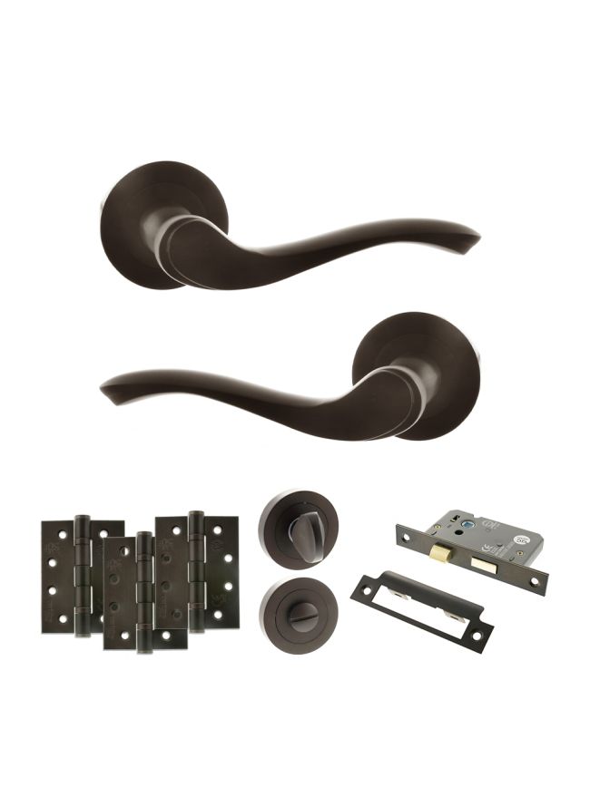 Old English Warwick Door Handle Pack (Bathroom Set - 2.5" CE Bathroom Lock, 4" Fire Rated Hinges x3) - Urban Dark Bronze